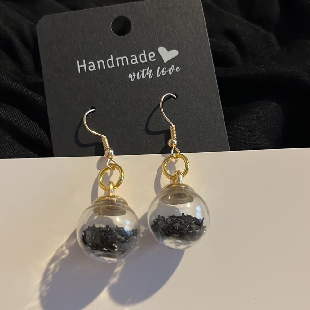 Glass ball star earrings- one green and one yellow - homemade